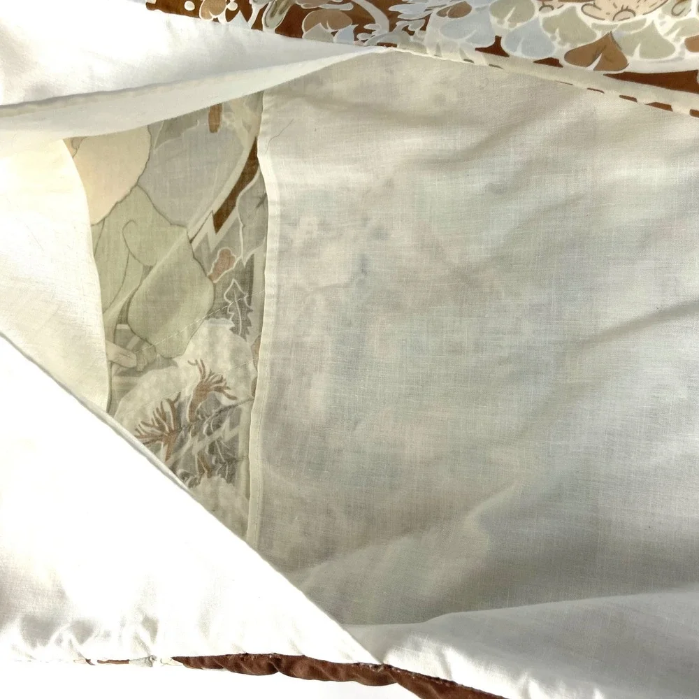 Vintage Cushion Cover 1970s Illustration Handmade Brown White Floral Women Home
